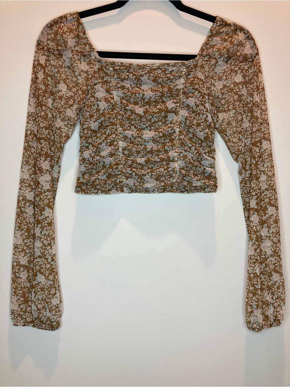 Altar’d state Floral Square-Neck sheer Crop Top in brown XS